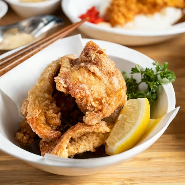 Crispy Japanese fried chicken (karaage) with a lemon wedge and parsley in a white bowl.