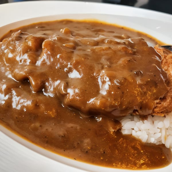 Close-up of Nippon Curry's Japanese curry with a crispy cutlet and white rice on a white plate.