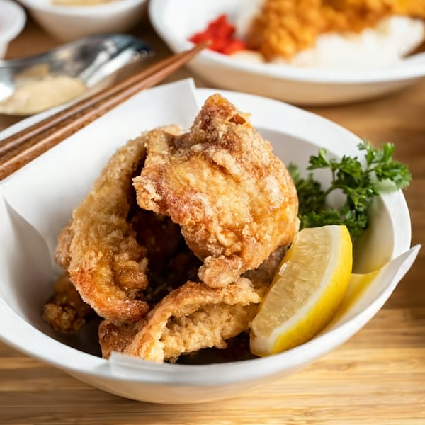 Crispy Japanese fried chicken (karaage) with a lemon wedge and parsley in a white bowl.