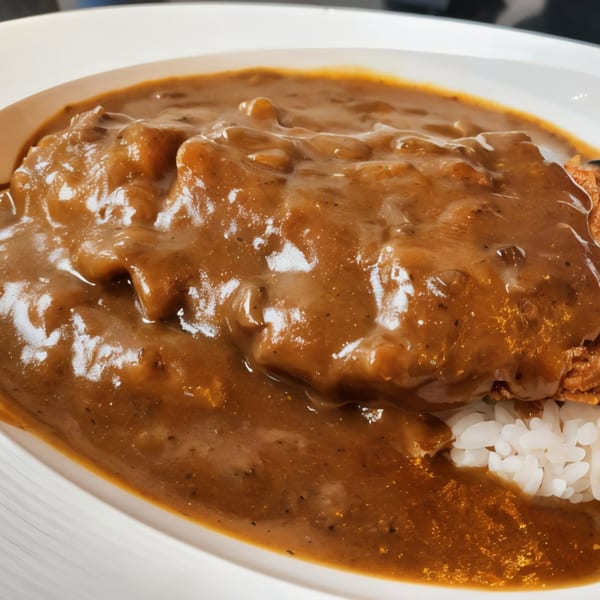 Close-up of Nippon Curry's rich brown Japanese curry sauce generously covering a bed of white rice.