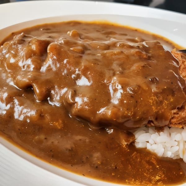 Close-up of a Japanese curry dish with rich brown sauce covering crispy tonkatsu and white rice.